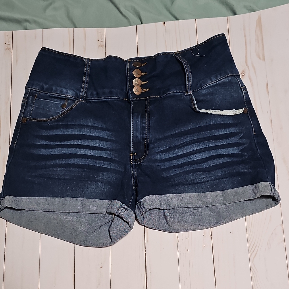 High-Waisted Blue Jean Shorts with Cuffed Hem